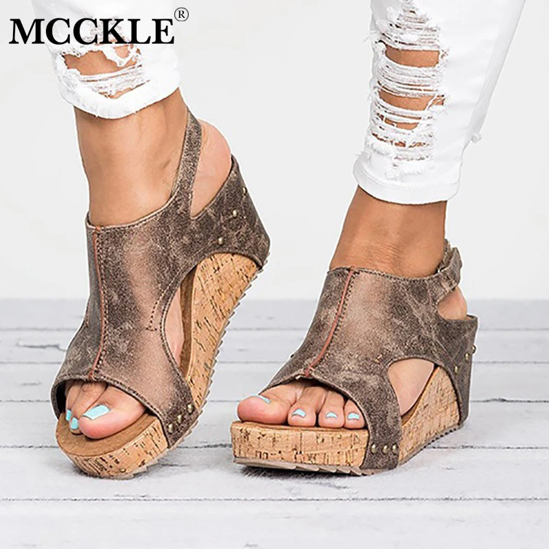 online MCCKLE Mulheres Verão Gladiador Sandálias de Salto Plataforma Plana Cunha Tamancos Femininos Gancho Loop de Peep Toe Sapatos de Festa Para Meninas Calçados