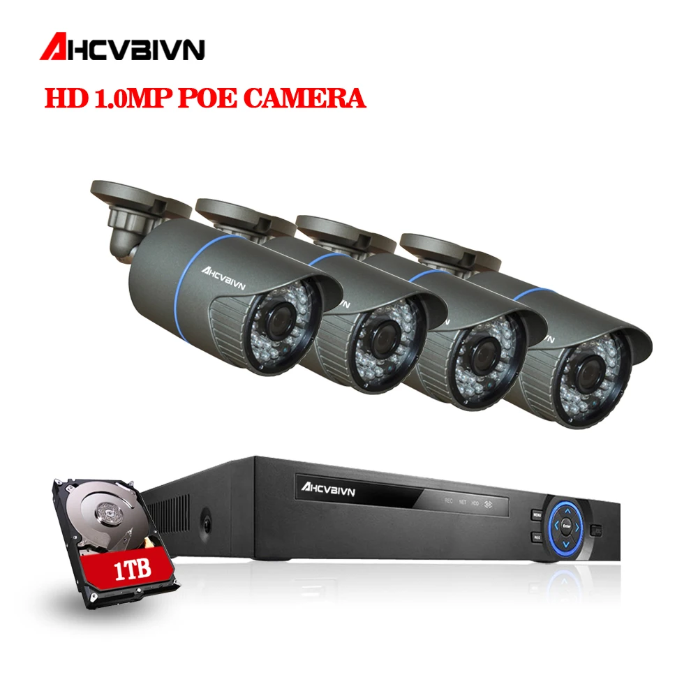 AHCVBIVN 48 В в 4 канала PoE Комплект HD 1080 P 4CH NVR POE IP сети 2MP Открытый камеры домашней безопасности системы 1 ТБ HDD