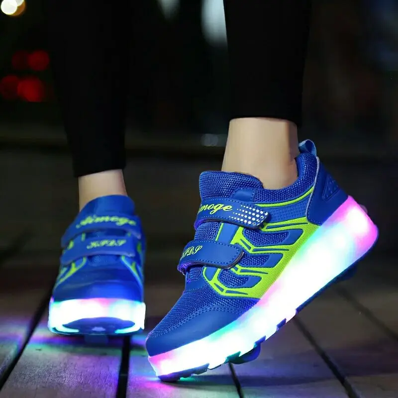LED Double Roller Skate Shoes Women Colorful Flashing Shoes Invisible Automatic Pulley Roller Shoes Luminous Sneakers