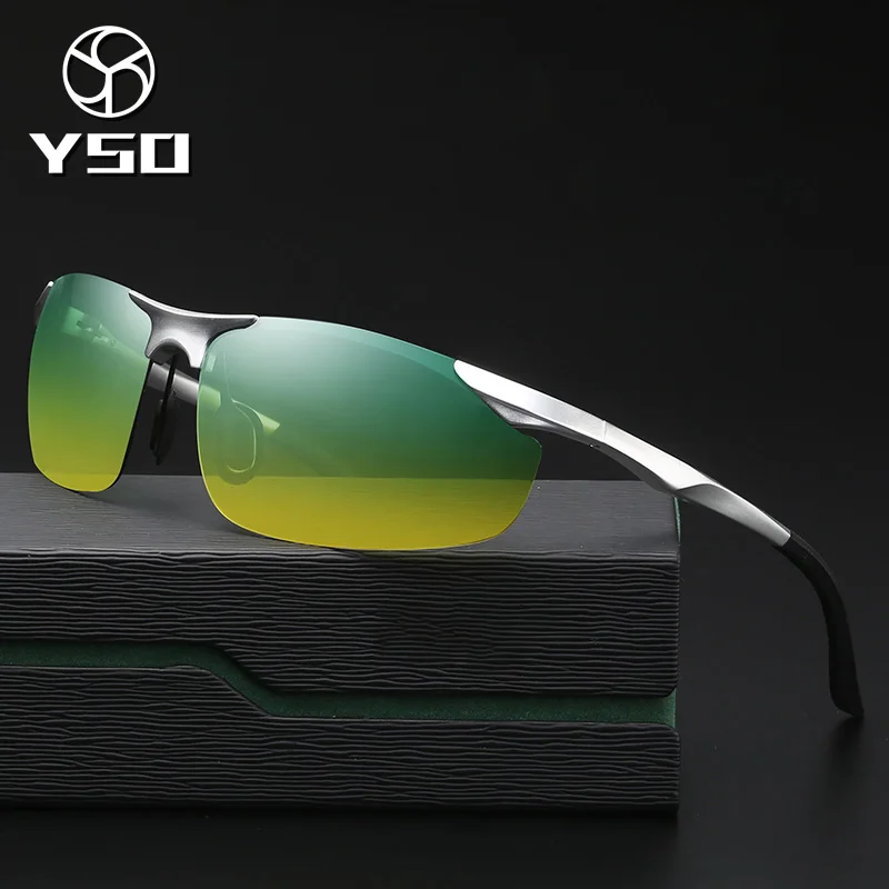 

YSO Sunglasses Men Polarized UV400 Aluminium Magnesium Frame HD Night Vision Driving Glasses Semi Rimless Accessory For Men 8179