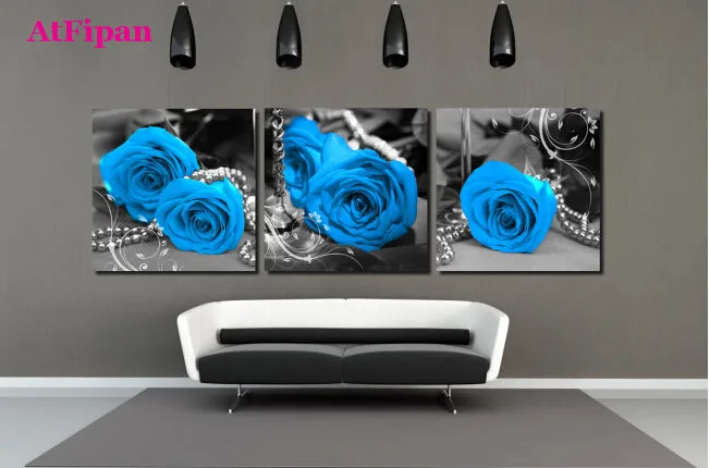 AtFipan Blue Rose Flower Wall Pictures For Living Room 3Pcs Unframed Canvas Painting HD Modular Hot Cuadros Decoration | Дом и сад