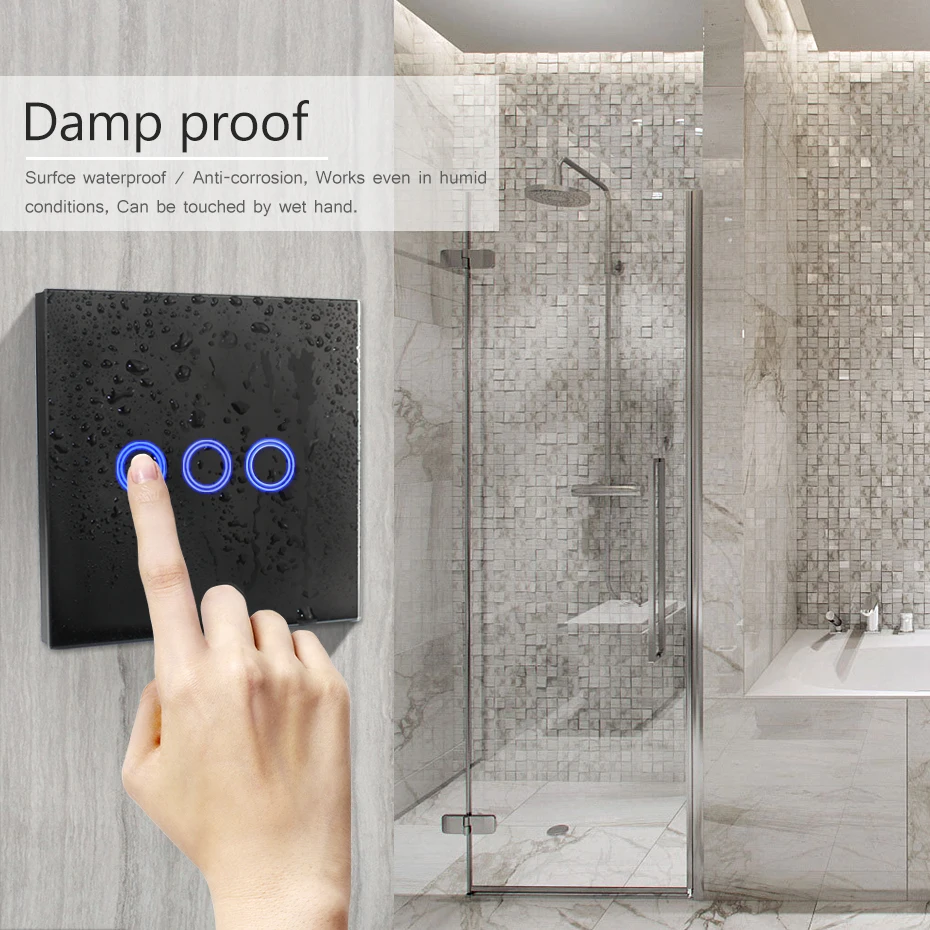 

1/2/3 Gang 1 Way Touch Switch 220V Crystal Glass Panel LED Light Waterproof Touch Screen Switch EU UK Touch Smart Wall Switch