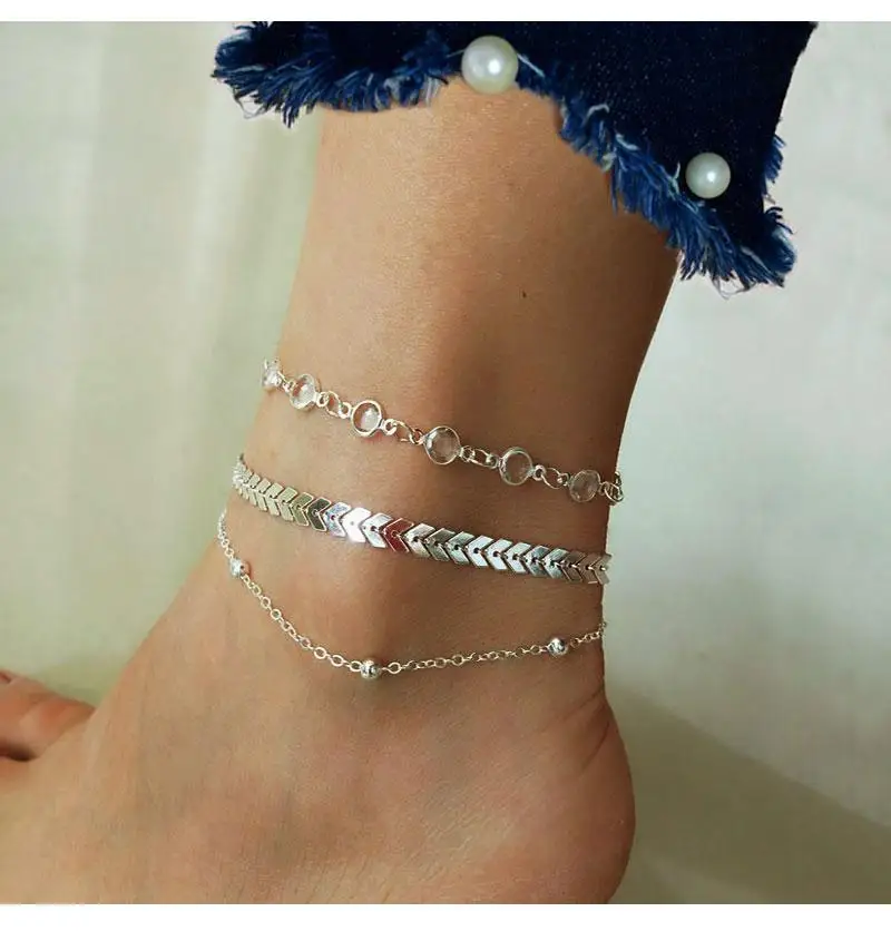 Шеврон и браслет на ногу с кристаллами набор-3 шт B197 - Окраска металла: Silver
