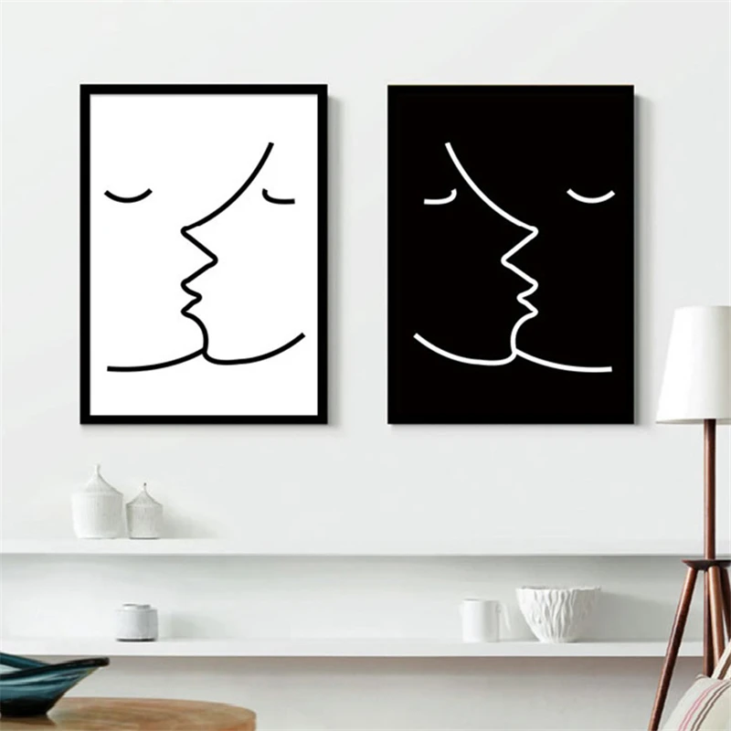 

HAOCHU Nordic Decorative Canvas Painting White and Black Style Abstract Poster Kissing Man Made of Line Simple Living Room Decor