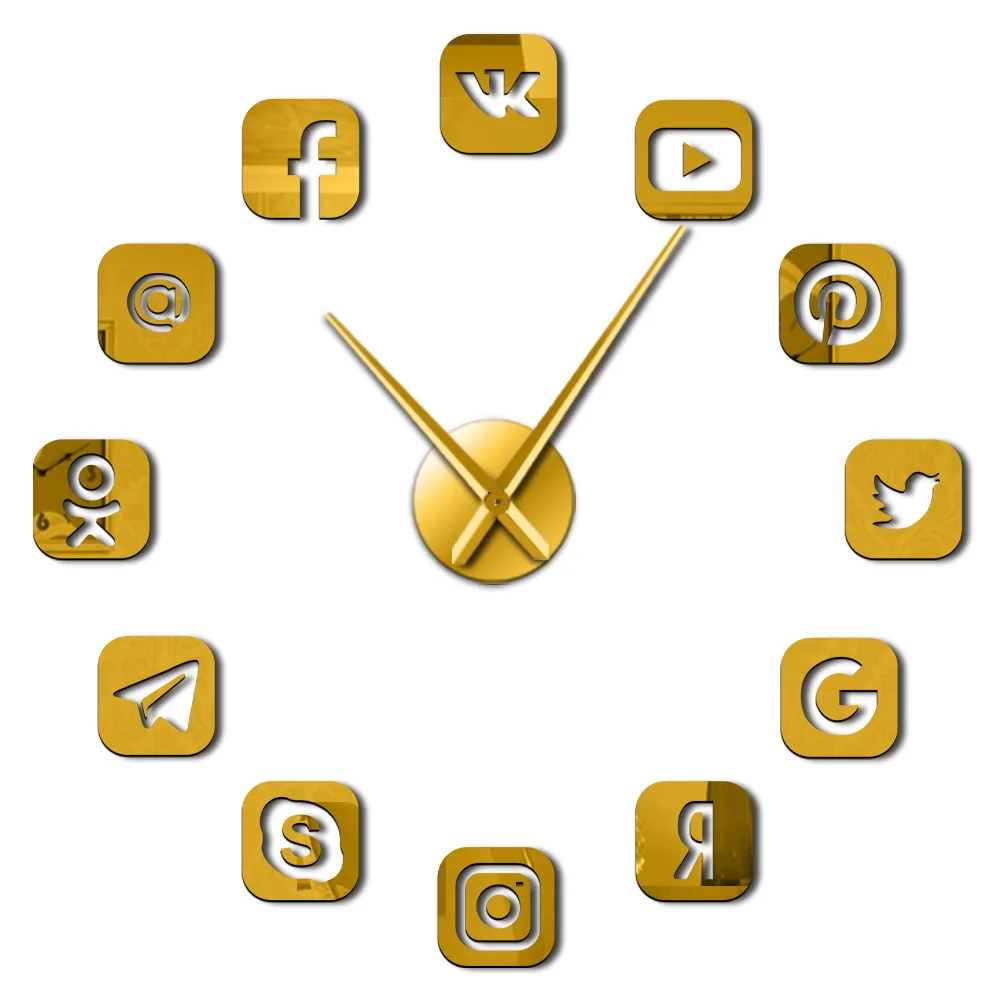 Символика социальных сетей DIY настенные художественные гигантские настенные часы для офиса Колледжа Общежития Декор 3D бескаркасные значки настенные часы, подарки для подростков - Цвет: Gold