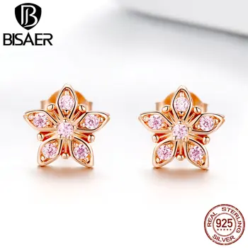 

BISAER Romantic 925 Sterling Silver Sakura Cherry Flower Zircon Earrings Stud Women Sterling Silver Jewelry EFE034