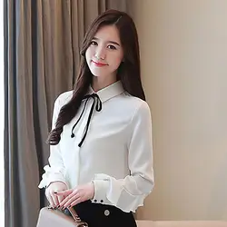 Корейской моды с длинным рукавом Шифоновая блузка Рубашки Для женщин осень 2018 Офисные женские туфли Белый Красный Блузки Топы Femme