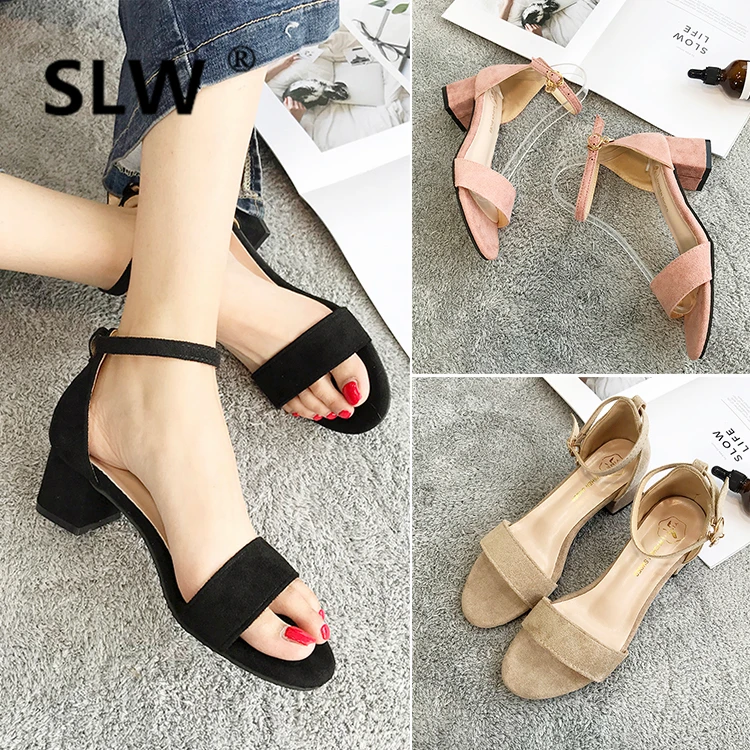 

korean style new arrival Shallow casual shoes Buckle strappy heels summer sandals High schoenen Neutral Pig Suede tacones