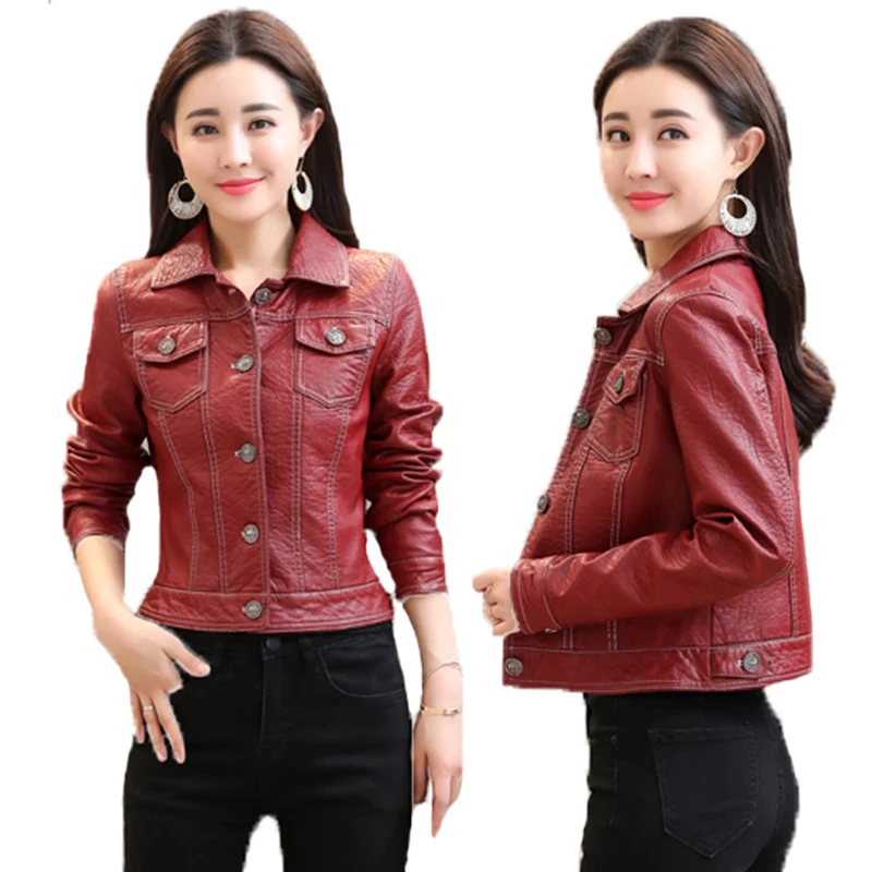 

3XL pluss zie leather jacket women coat 2019 spring and autumn new leather female short paragraph Slim women's leather jacket
