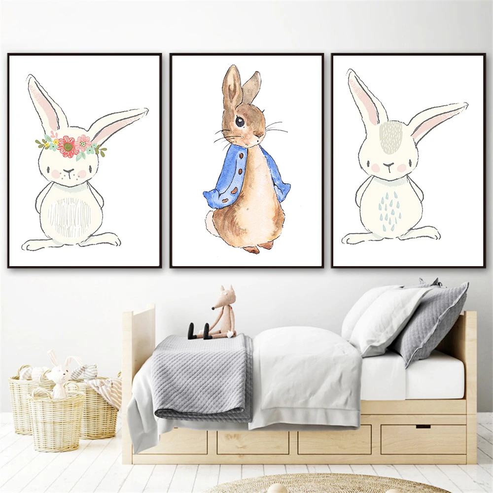 Canvas Painting Watercolor Nordic Rabbit Poster Kids Room Decor Nordic Rabbit Poster Kids Room Decor