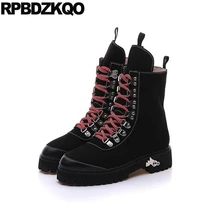 Армия замша зашнуровать Передняя кружевная повседневная ботильоны осень обувь короткая черный металл Работа военные Круглый носок Европейская на платформе лифт женская китайский мода женский