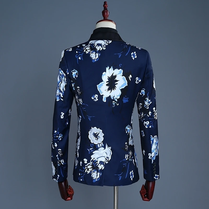 PYJTRL Brand 2018 Tide Men Navy Blue Floral Print Fashion Casual Suits Latest Coat Pant Designs Wedding Groom Stage Costume