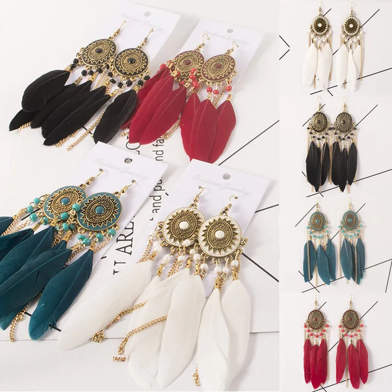 

Fashion 1Pair Boho Beads Round 37 Colors Big Long Tassel Feather Style Zircon Dangle Circle Bride Crystal Drop Earring