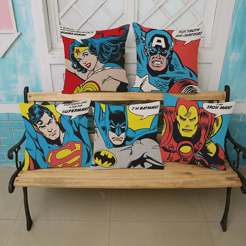 

Cartoon Captain America/Superman/Batman And Ironman Home Decor Cushion Linen Cotton Pillow Sofa Cushions Decorative Throw Pillow