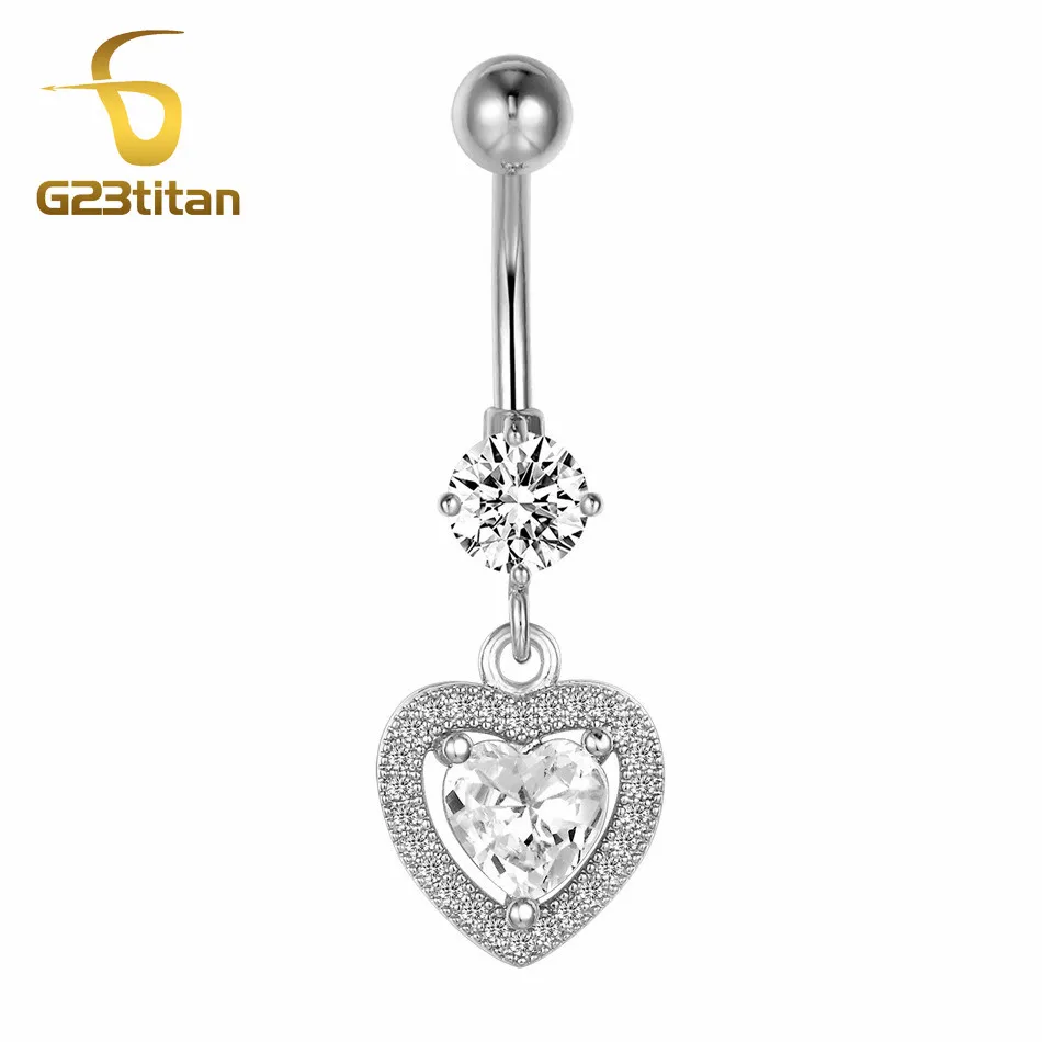 

G23titan Silver Navelpiercing Ring Titanium Barbell Belly Bar Lover Heart Crystal Navel Piercing Rings Summer Body Jewelry