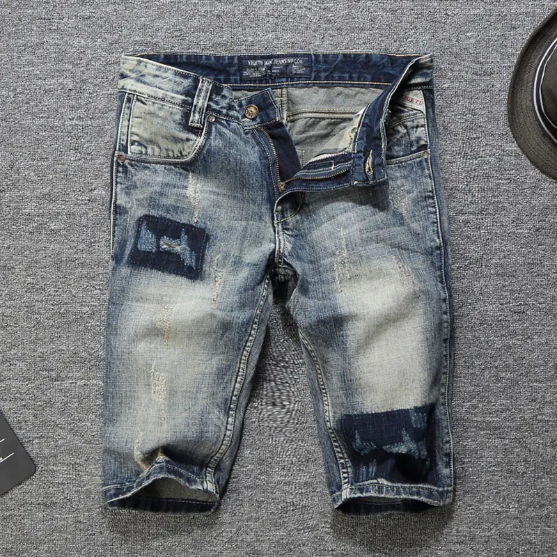 

2019 Italian Style Summer Men Jeans Shorts Frayed Ripped Jeans For Men Denim Shorts Retro Vintage Printed Short Jeans