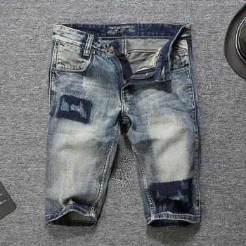 

2019 Italian Style Summer Men Jeans Shorts Frayed Ripped Jeans For Men Denim Shorts Retro Vintage Printed Short Jeans