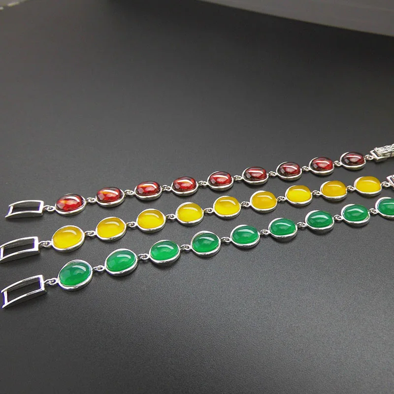 S925 Sterling Silver Retro Thai Silver Garnet Bracelet Natural Topaz Marrow Green Chalcedony Wholesale Fashion Women Bracelet S925 Sterling Silver Retro Thai Silver Garnet Bracelet Natural Topaz Marrow Green Chalcedony Wholesale Fashion Women Bracelet