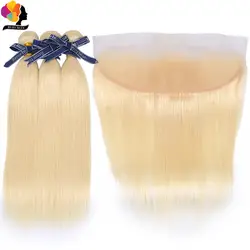 Бразильские прямые пучки с закрытием 613 мёд светлые цветные человеческие волосы пучки с закрытием remy волосы расширения Remy синий