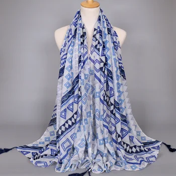 

Wholesale printe stripe geometric shawls tassels muslim pattern headband wraps hijab popular blue color scarves/scarf 10pcs/lot