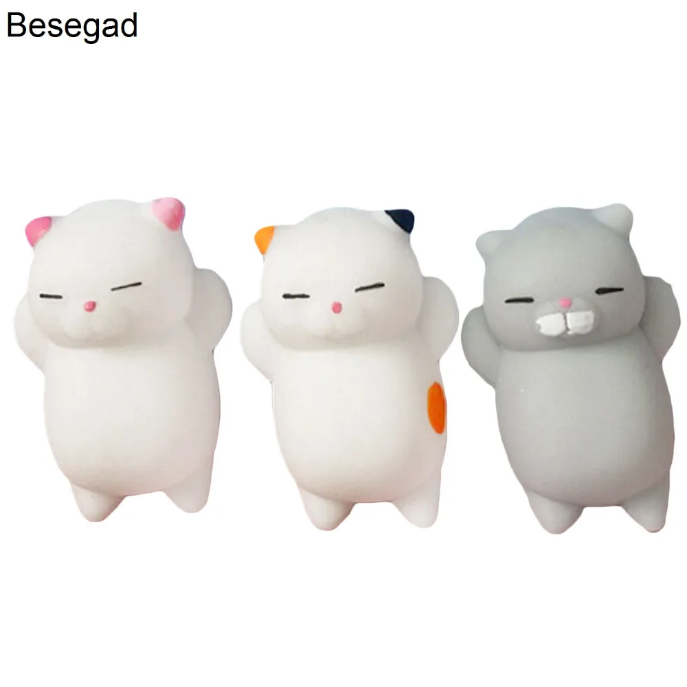 

Besegad 3PCS/Lot TPR Cute Mochi Funny Kawaii Soft Cartoon Cat Kat Phone Starp Squishy Squeeze Toy for Relieves Stress Anxiety
