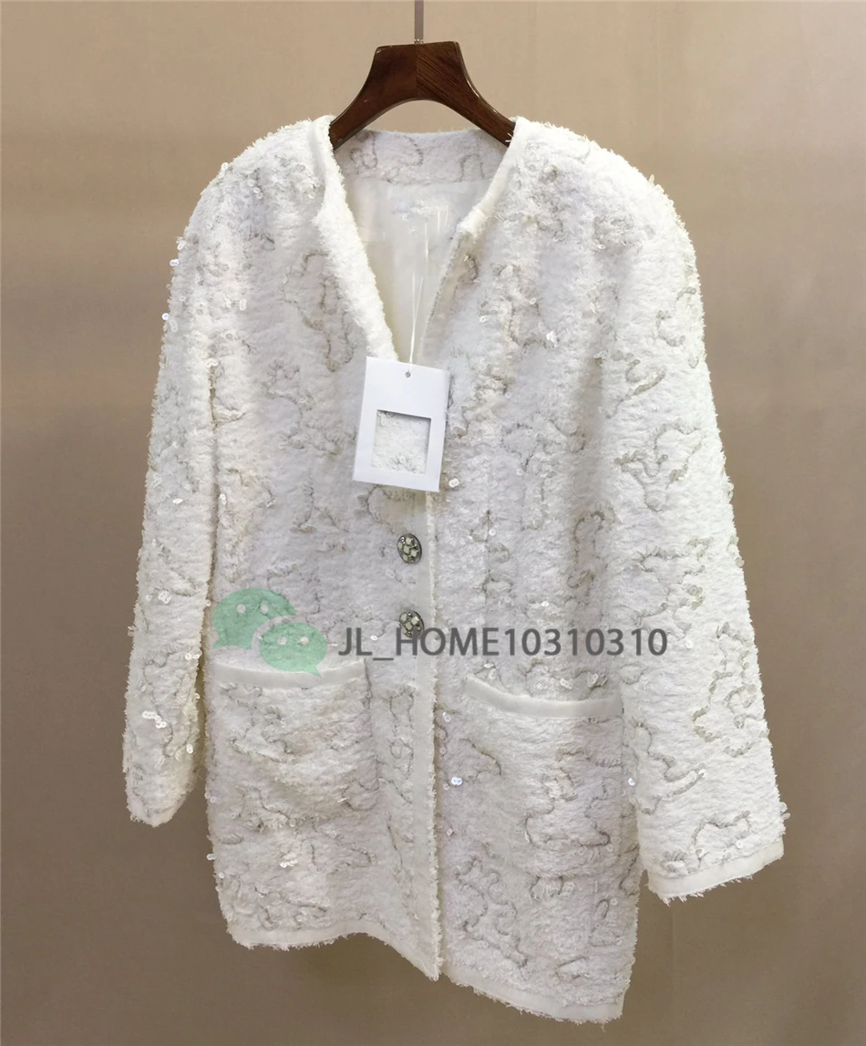 Cosmicchic Женская твидовая куртка с длинным рукавом, v-образным вырезом, белое пальто, эмалированная пуговица, блестки, Элегантная куртка с показа, подкладка камелии