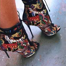 Модные женские ботинки с кристаллами; Летние босоножки на высоком каблуке со шнуровкой; Многоцветный алмаз; ботильоны; Botas