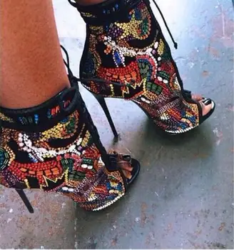 

Fashion Crystal Covered Women Boots Lace Up High Heels Summer Sandals Boots Multicolor Diamond Ankle Boots Shoes Botas