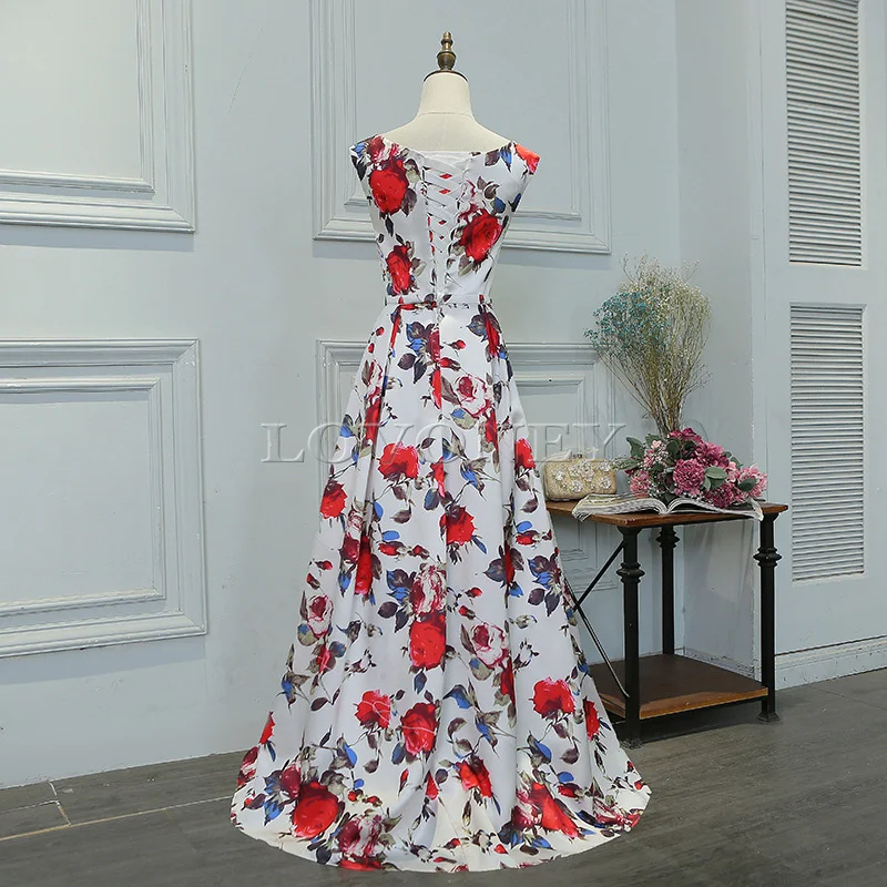 DEERVEADO M219 Floor-Length Long Prom Dress A-Line Flower Pattern Satin Formal Party Dresses Prom Gown Vestido De Festa black prom dress