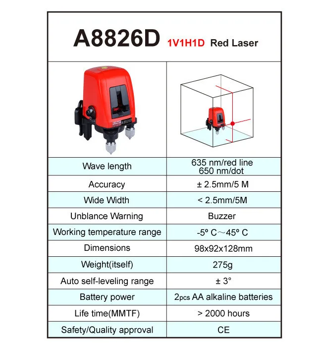 ACUANGLE A8826D 360 градусов самонивелирующийся портативный мини Крест Красный лазерный нивелир метр 2 линии 1 точка 635 нм выравнивающий инструмент