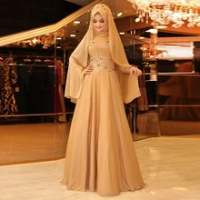 Long Sleeves Champagne Muslim Evening Dress Appliqies Beaded Hijab Formal Dresses Maxi Abaya In Dubai Abendkleider