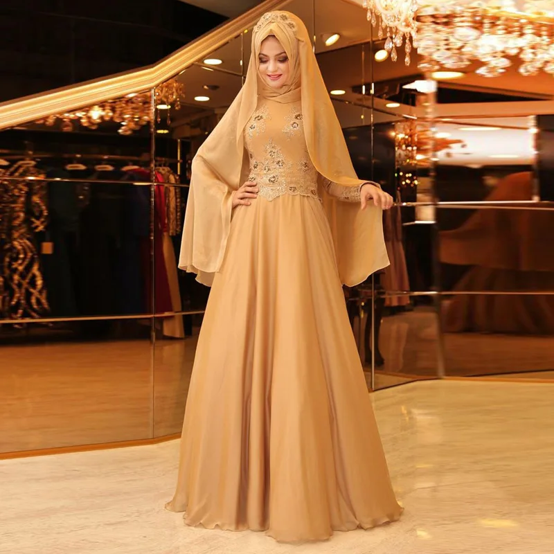 Long Sleeves Champagne Muslim Evening Dress Appliqies Beaded font b Hijab b font Formal Dresses Maxi