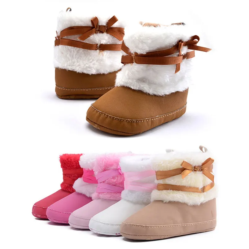 Baby Bowknot Boots Prewalker Crib Shoes Plush Fleece Keep