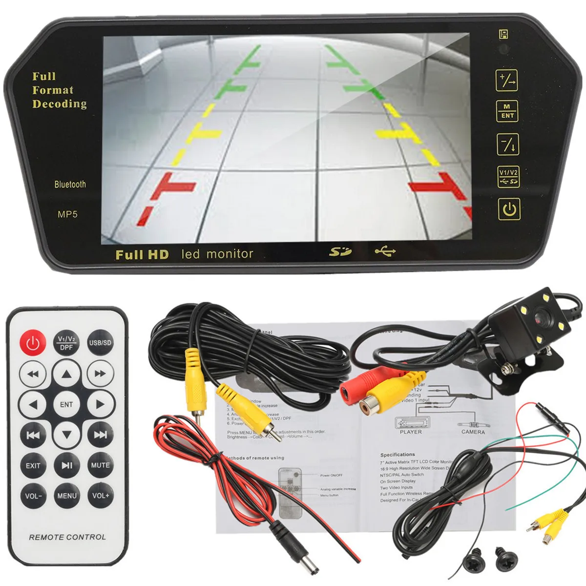 7 ''TFT lcd MP5 bluetooth автомобильное зеркало заднего вида монитор+ реверсивная Автомобильная камера беспроводной RCA видео приемник передатчик - Цвет: Monitor