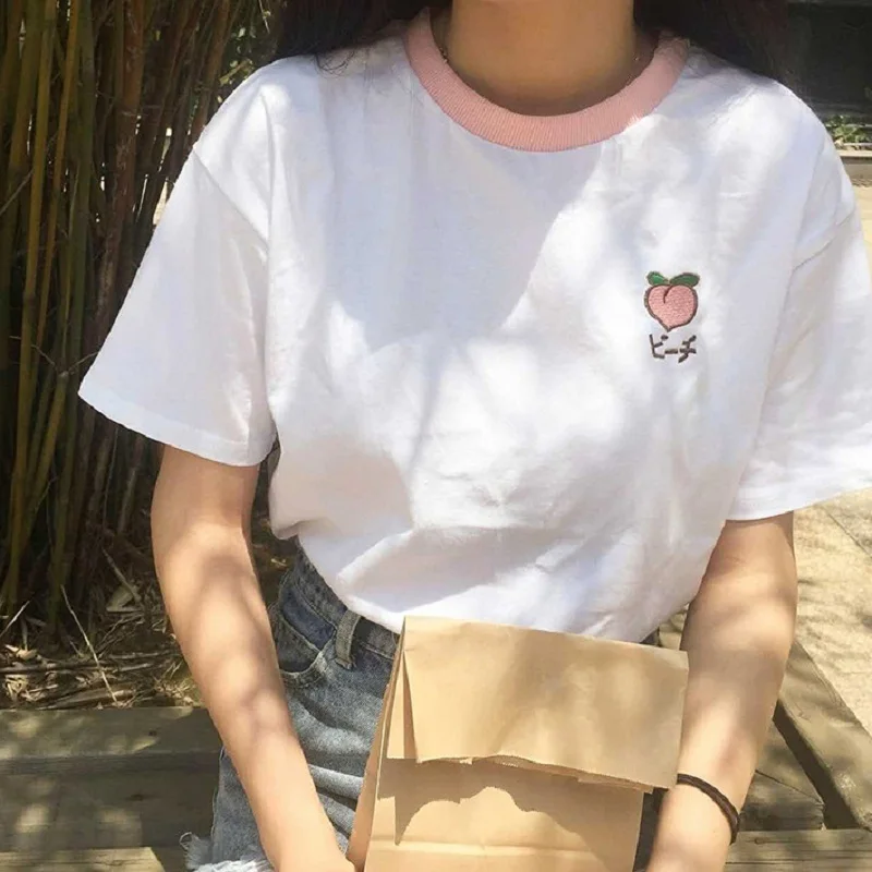 Cute Fruit Embroidery Loose T Shirt Women Cotton Tees Female...