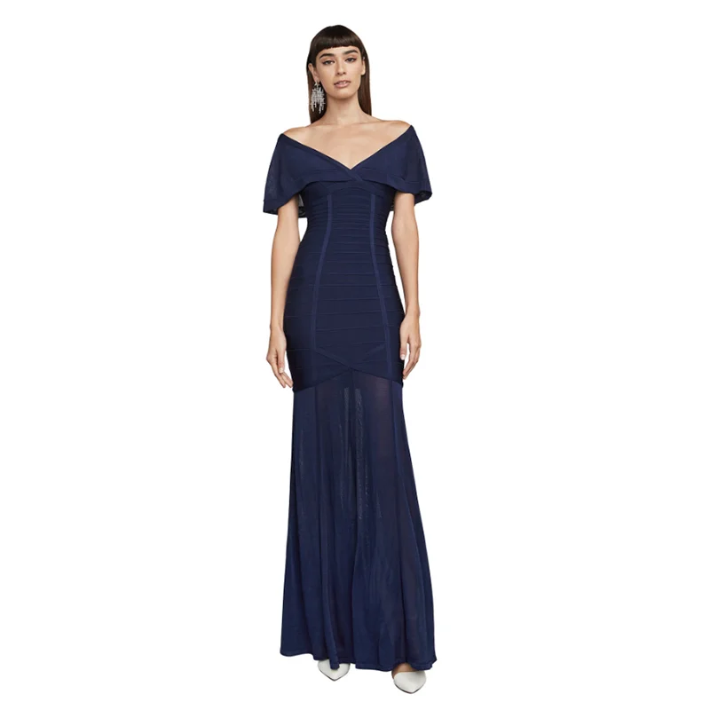 

High Quality Deep Blue V-neck Mesh Long Rayon Bandage Dress Homecoming Party Bodycon Dress
