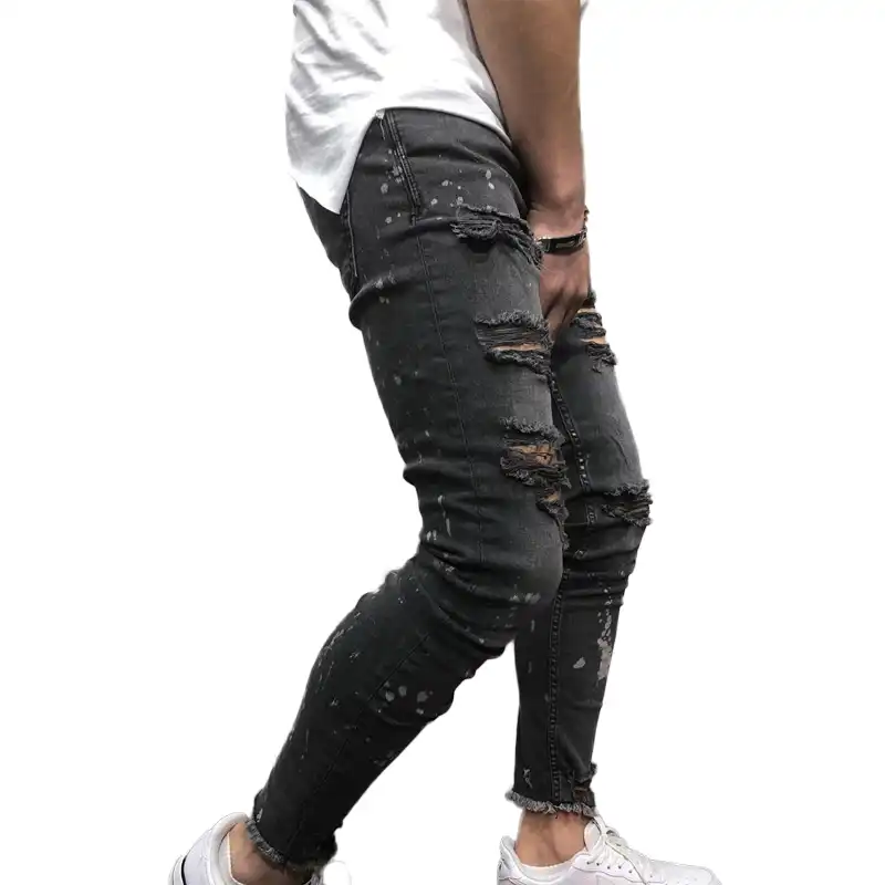 Black Ripped Distressed Jeans Men High Street Slim Fit Mens Hipster Skinny Jeans Hip Hop