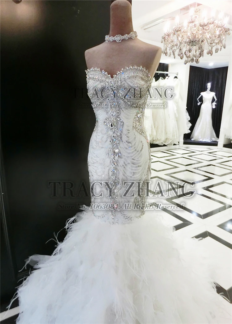 Luxury Full Rhinestone Bead Corset Feather Train Bride Bridal Mermaid Gown Dress Sexy Slim Custom Wedding