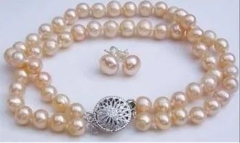 

Beautiful 8-9mm Round Pink Akoya Cultured Pearl 2Rows Bracelets7.5" Earrings Set