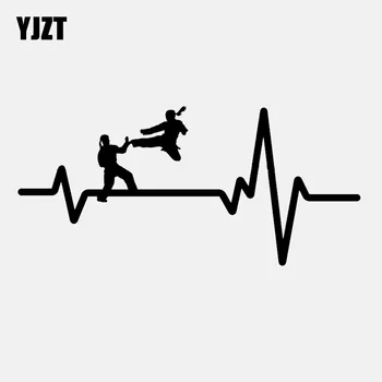 

YJZT 16.8CM*7.9CM KARATE Uniform Jump Kick Girl Heartbeat Vinyl Black/Silver Car Sticker C22-1218