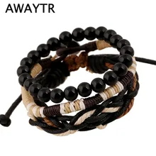 AWAYTR Vintage Male Bracelets Black Wooden Ball Beads Strand Bracelets Handmade Rope Braided Charm Bracelet Men Jewelry