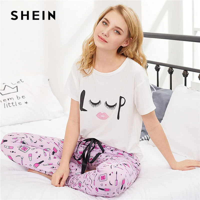 SHEIN Casual Pajamas for Women Multicolor Short Sleeve Graphic Top and