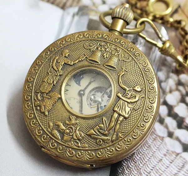 

wholesale Nice Copper Double Cover Tourbilon Mechanical Pocket Watch 4 Colleting freeship