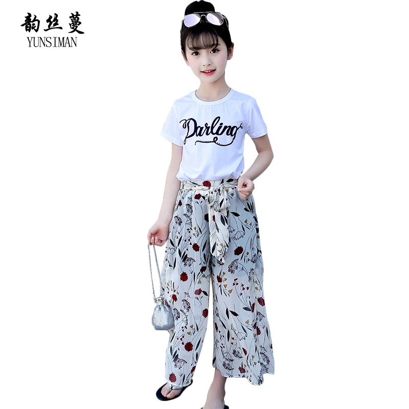 

Baby Girl Summer Clothing Sets 9 10 11 12 Y White Letter Cotton Tshirt Flower Print Chiffon Wide-leg Pant Two Pieces Sets 12C18