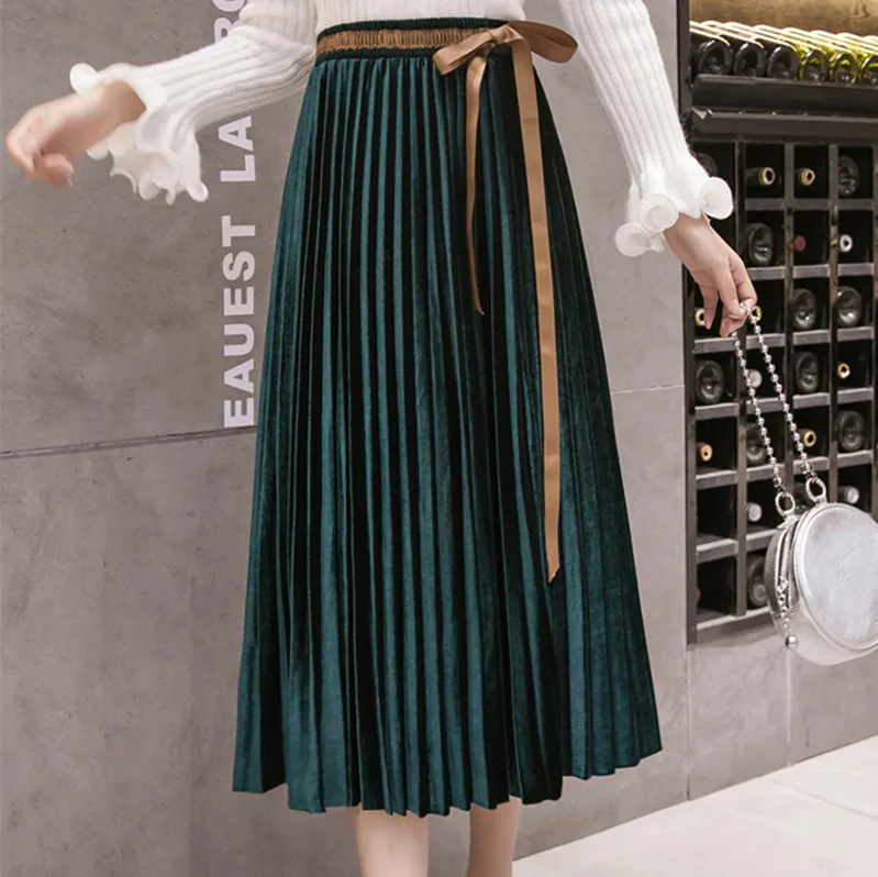 

LANMREM 2018 New Pattern Korean Pleucn Half-he Skirt Autumbody Long Paragraph Show Thin A-line Longuette Winter Woman WC49101L