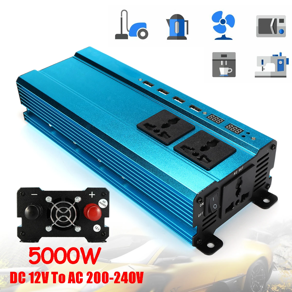 

Voltage Transformer Blue PEAK 5000W Interface Converter DC 12/24V to AC 220V 4 USB Car Solar Power Inverter Overload Protect