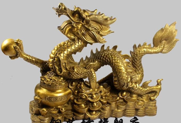 

17" China Pure Bronze Animals Sculpture Wealth Myth Dragon Hold Pearl Statue