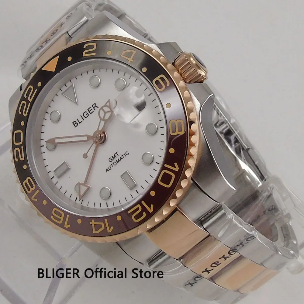 

BLIGER 40mm White Dial Black Ceramic Bezel GMT Function Sapphire Steel Case Luminous Two-Tone Automatic Movement Men's Watch B13