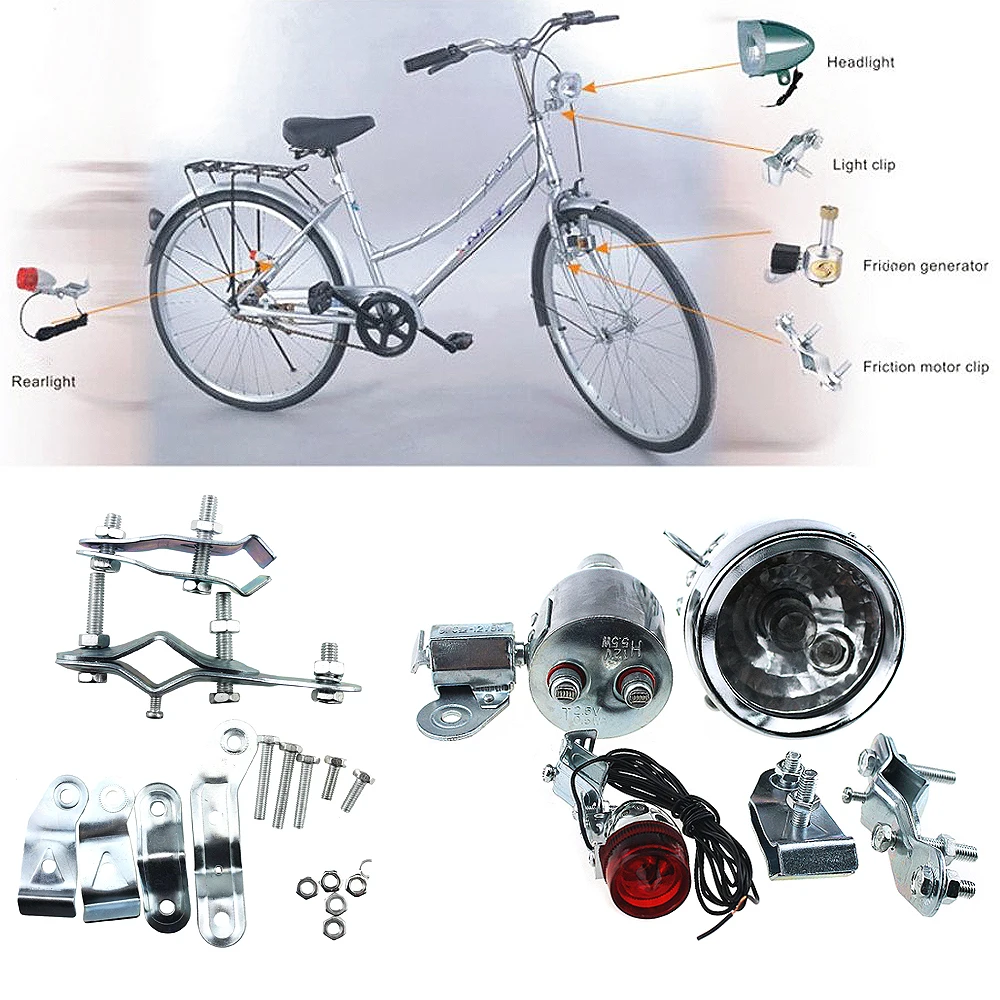 12V 6W Bicycle Motorized Bike Friction generator Dynamo Headlight Tail Light Kit 