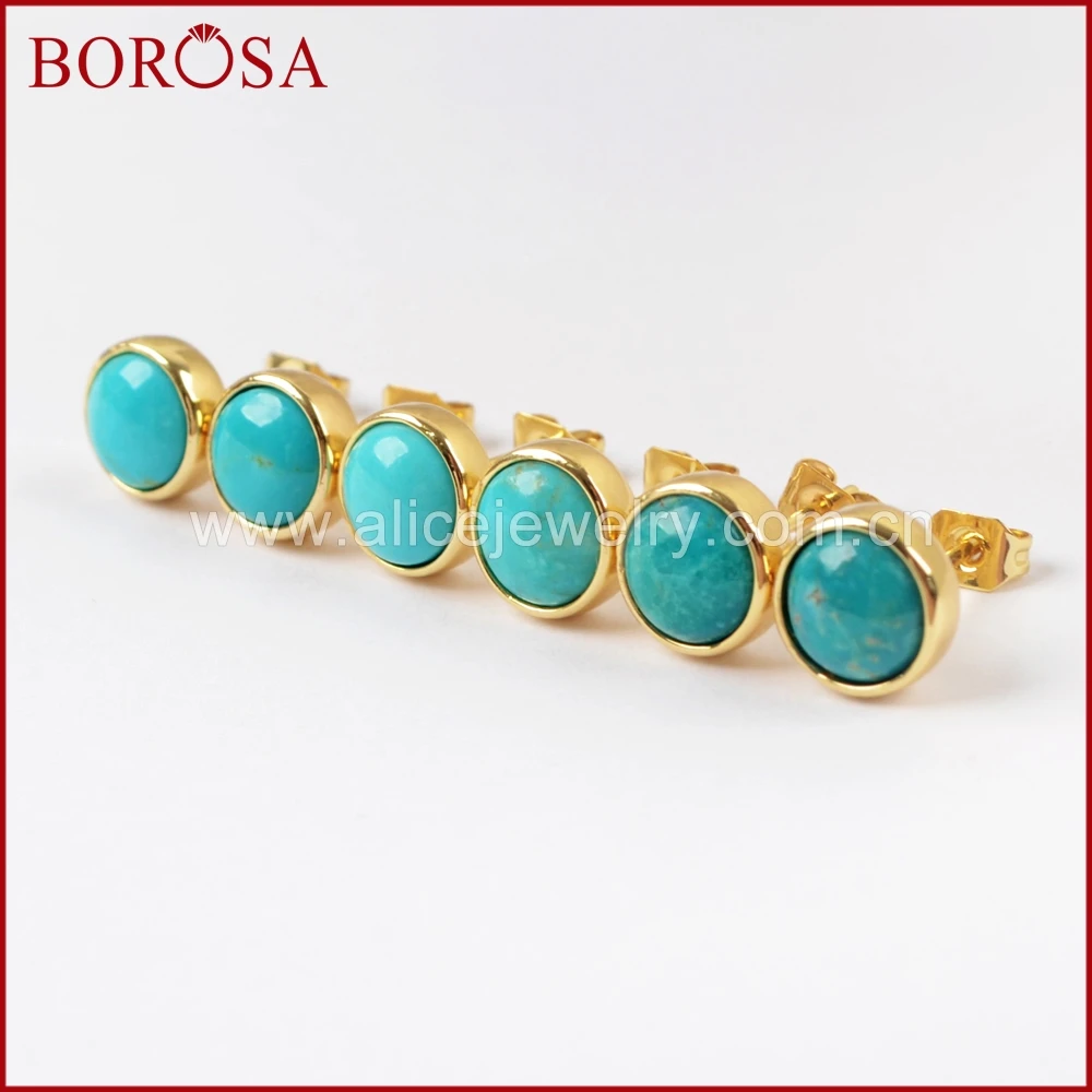 

Женские серьги-гвоздики BOROSA, золотистые Круглые Серьги голубого цвета с натуральным голубым камнем, ювелирные украшения для женщин ZG0258, 5 пар